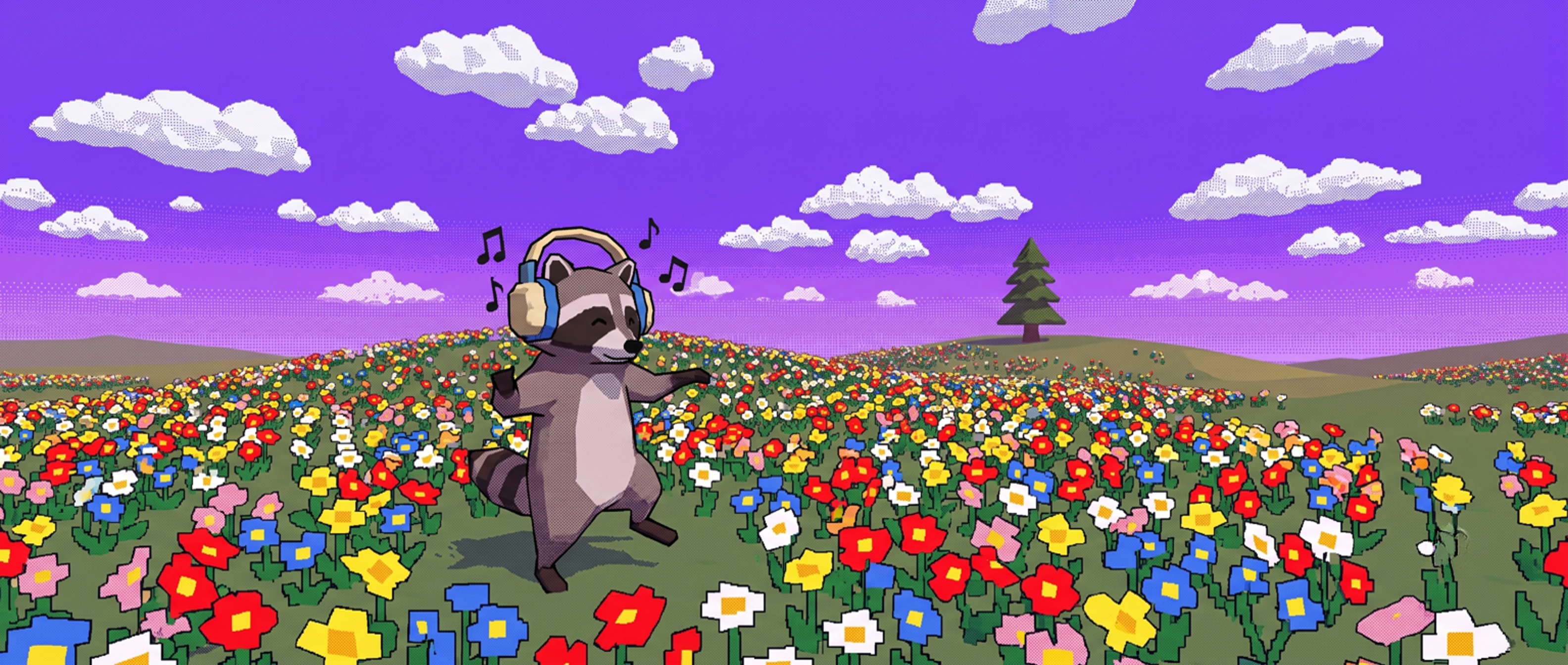 A low poly flower field under a purple sky